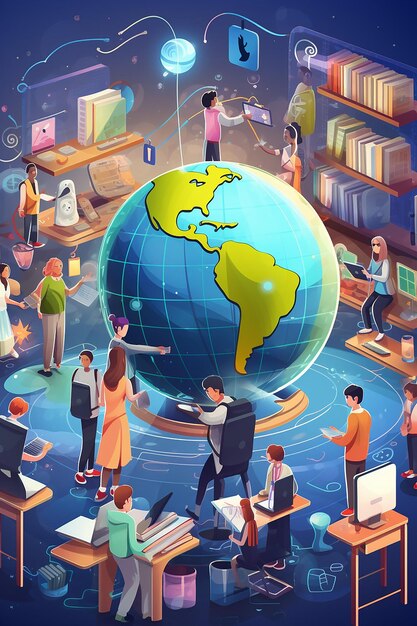 Zdjęcie Żywa ilustracja 3d globalnej klasy na międzynarodowy dzień edukacji