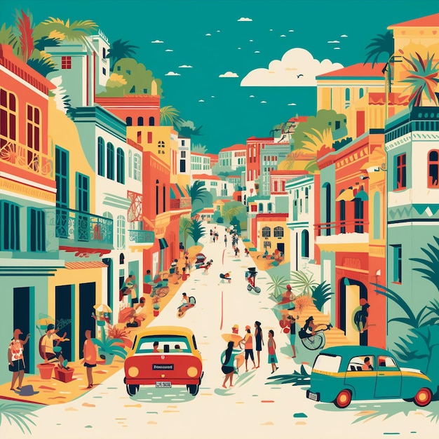 Żywa ilustracja przedstawiająca poszukiwaczy przygód turystów odkrywających kolorowe ulice Salwadoru w Brazylii