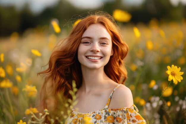 Żywa kobieta z czerwonymi włosami stoi wdzięcznie na polu kolorowych kwiatów promieniujących radością i pięknem