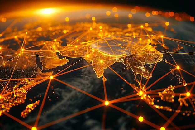 Żywa mapa świata oświetlona światłami z liniami połączenia z siecią internetową