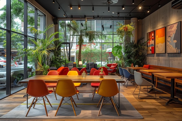 Żywa przestrzeń coworkingowa z kolorowymi krzesłami i naturalnym oświetleniem zaprojektowaną w celu pobudzenia kreatywności i