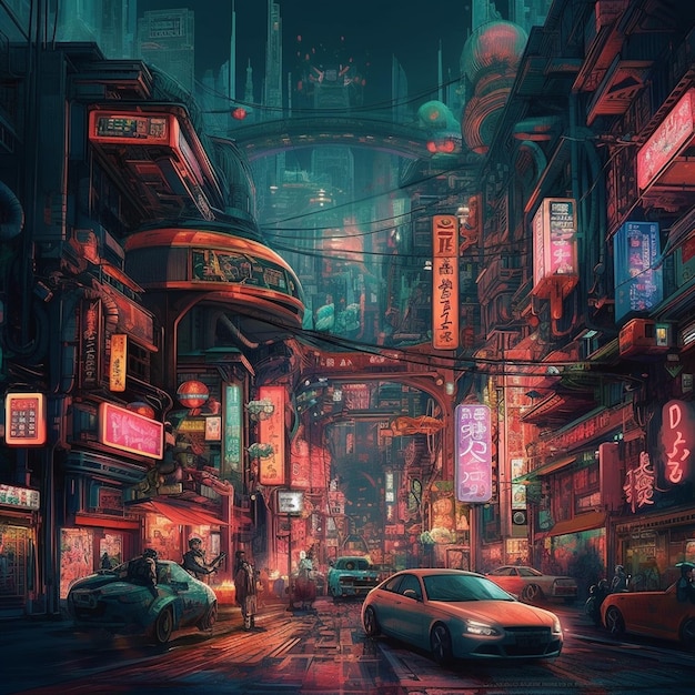 żywa sztuka cyfrowa wyobrażająca skyline Tokio w cyberpunk przyszłości