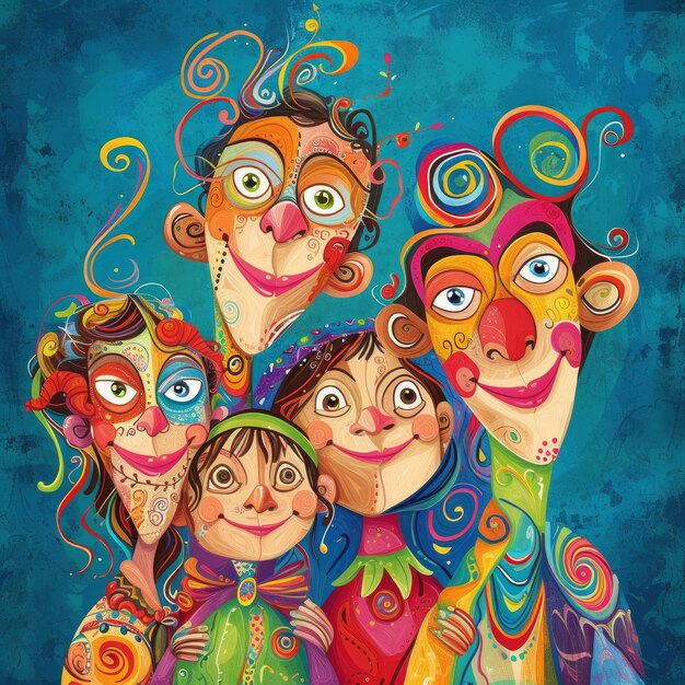 Żywąca artystyczna ilustracja rodziny świętującej Dzień Zmarłych, podkreślająca unikalne wzory i kolorowe stroje