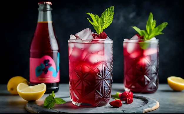 Żywąca i odświeżająca lemoniada z hibiskusem i świeżą miętą podawana na lodzie i ozdobiona gałązką mięty i kwiatem hibiskusa