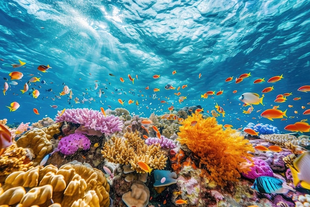 Żywąca rafa koralowa wypełniona różnorodnymi rybami pływającymi pośród kolorowych koralowców żywa rafa koralowa pełna życia morskiego pod krystalicznie czystą wodą