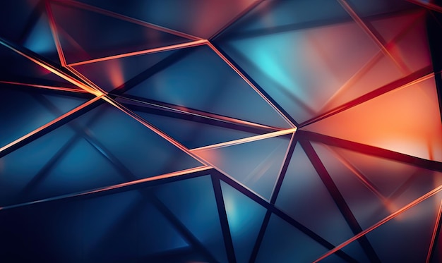 Żywe abstrakcyjne tło z niebieskimi i pomarańczowymi trójkątami tworzącymi dynamiczną kompozycję Utworzono za pomocą generatywnych narzędzi AI