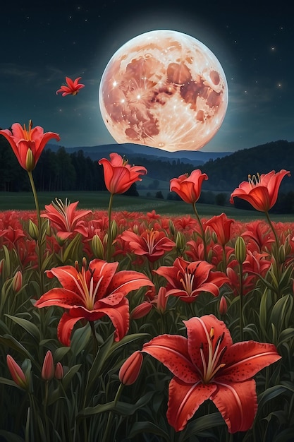 Żywe czerwone pole liliowe pod zmierzchowym niebem z dużym jasnym księżycem idylliczny krajobraz wiejski