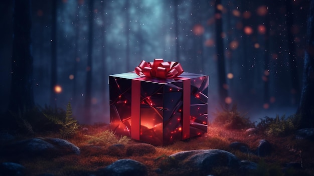 Żywe czerwone pudełko z prezentami, otoczone pięknem natury w lesie, prezent świąteczny