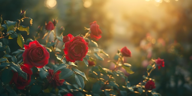 Żywe czerwone róże kąpane w naturalnym świetle słonecznym przyciągają wzrok widzów Koncepcja Fotografia kwiatów Naturalne oświetlenie Żywe czerwień Przyciągające widoki