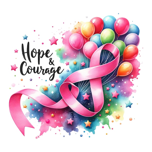 Żywe, duże, różowe wstążki, kolorowe balony z frazą „Nadzieja i odwaga” na kosmicznym tle