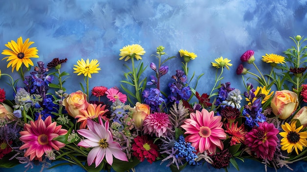 Żywe i kolorowe kwiaty różnych odmian ułożone w rzędach na niebieskim tle