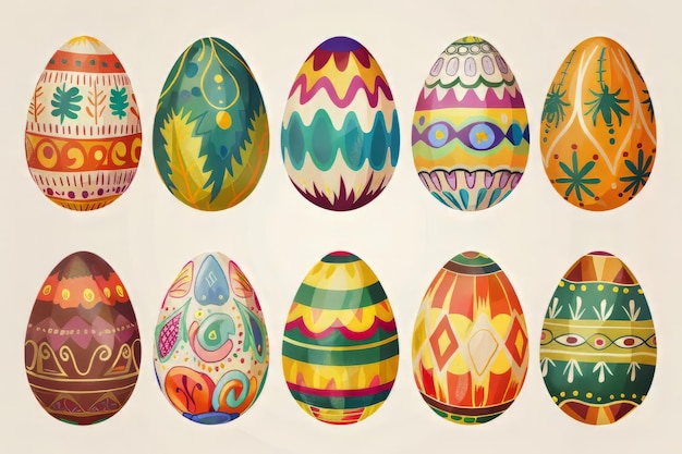 Zdjęcie Żywe ilustracje ozdobionych jajek wielkanocnych w różnych wzorach i wzorach