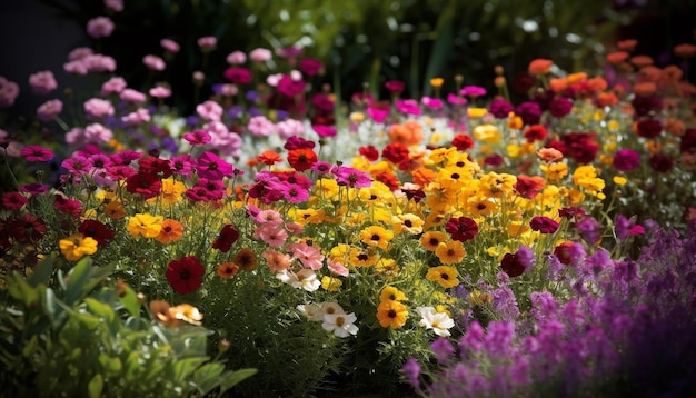 Żywe kolorowe kwiaty kwitną na łące, prezentując piękno natury generowane przez sztuczną inteligencję