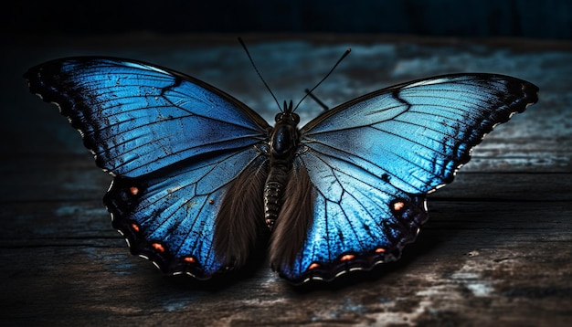 Żywe kolory Majestic Morpho Butterfly na starym drewnie generowane przez sztuczną inteligencję