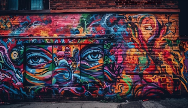 Żywe kolory oświetlają nowoczesne uliczne graffiti generowane przez sztuczną inteligencję