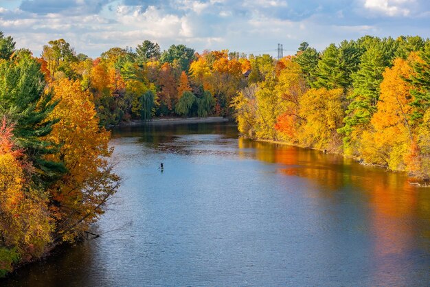 Żywe kolory października szeroki panoramiczny widok na piękny spokój żółtopomarańczowy jesienny poranny park z bujnymi drzewami odbijającymi się w wodzie rzeki malowniczy jesienny krajobraz