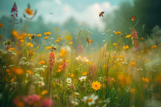 Żywe łąki z kolorowymi dzikimi kwiatami i latającymi owadami w mglisty dzień
