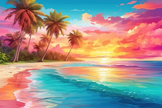 Żywe letnie tło z kolorowym zachodem słońca nad tropikalną plażą