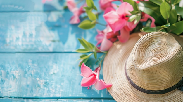 Żywe letnie tło z słomkowym kapeluszem i różowymi kwiatami na niebieskiej drewnianej teksturze