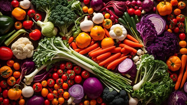 Zdjęcie Żywe martwe życie świeżo zebranych warzyw ułożonych w kolorowy wzór