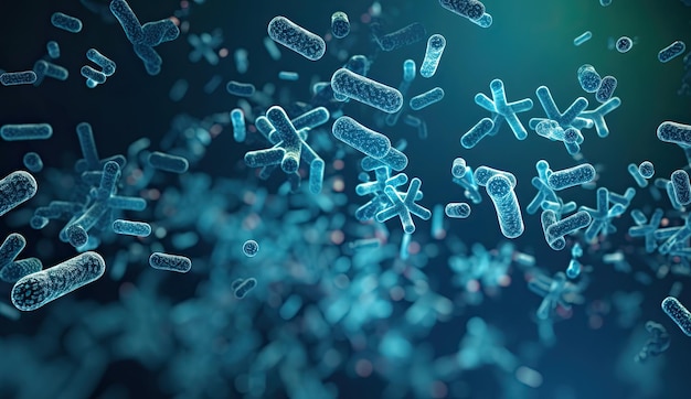 Żywe niebieskie tło z mikroskopem ujawniającym bitwę bakterii, wirusów i mikro