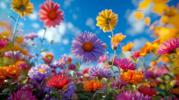 Żywe pole kolorowych kwiatów pod niebieskim niebem Lato kwitnie Przyroda Tło Piękno kwiatowe