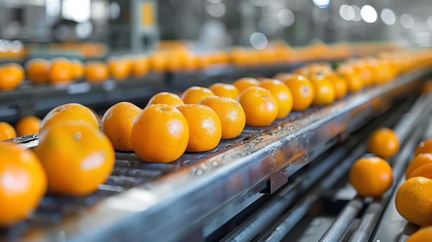 Żywe pomarańcze na taśmie przenośnej w zakładzie przetwórstwa żywności Podróż od farmy do stołu
