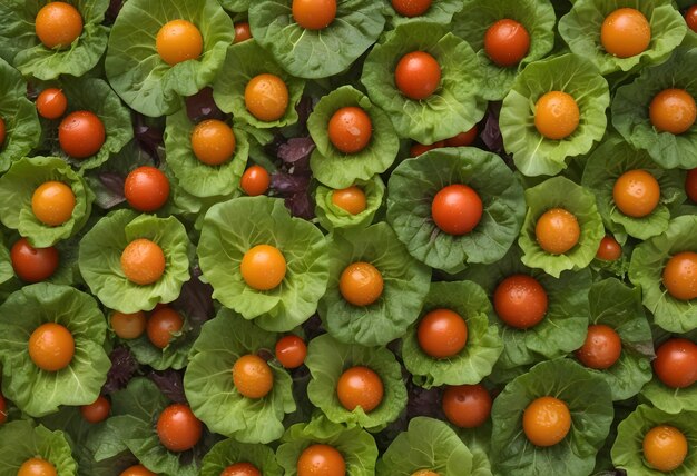 Zdjęcie Żywe pomidory wiśniowe w świeżej zielonej sałacie
