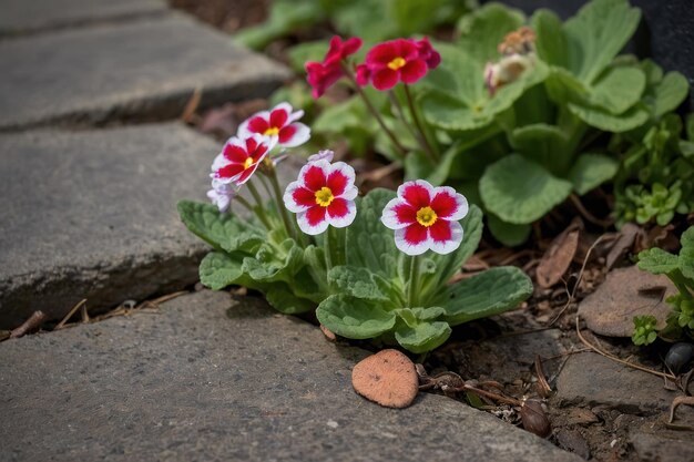 Żywe primrose przy kamiennej ścieżce