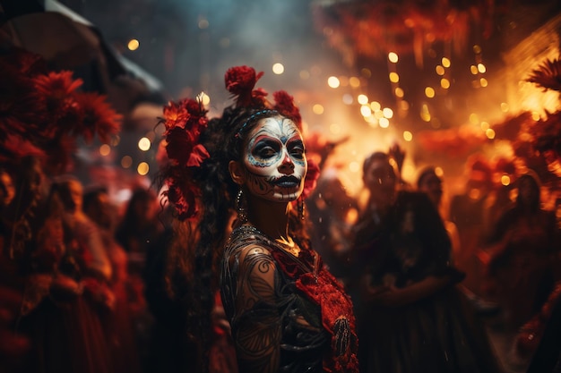 Żywe przedstawienie tradycyjnych tancerzy folklorowych w żywych kostiumach występujących na wydarzeniu Dia de los Muertos Generative Ai