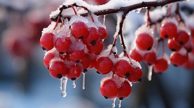 Zdjęcie Żywe rubinowe odcienie zamrożonych jagód na nieskazitelnym śnieżnym tle zamrożone jagody wydają się być klejnotami natury, dodając barw do spokojnego i jednobarwnego zimowego krajobrazu.