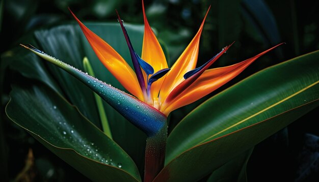 Żywe tropikalne kwiaty kwitną w formalnym ogrodzie bujnej zieleni generowanej przez sztuczną inteligencję