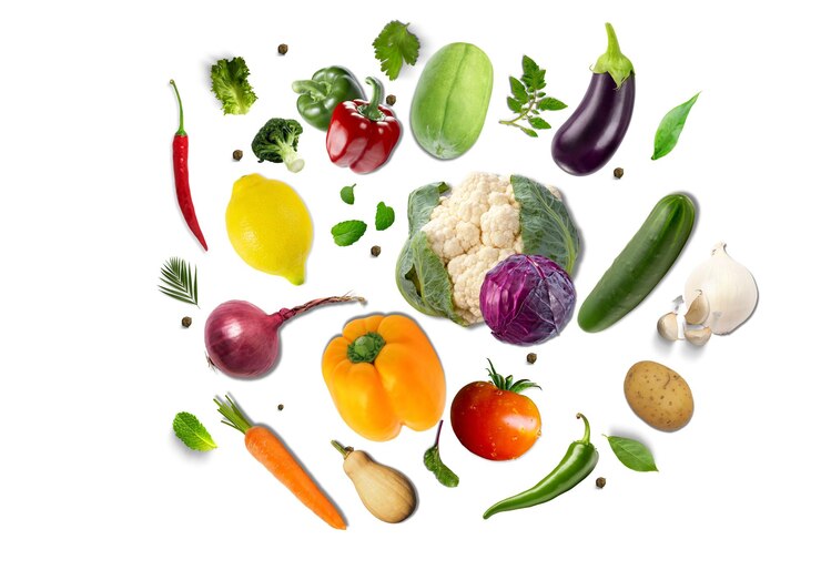 Zdjęcie żywe warzywa. przepływają świeżością. vegetarian party na białym tle.
