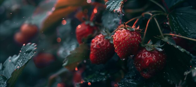 Żywe zbliżenie dojrzałych czerwonych truskawek z teksturowymi szczegółami i zielonymi liśćmi