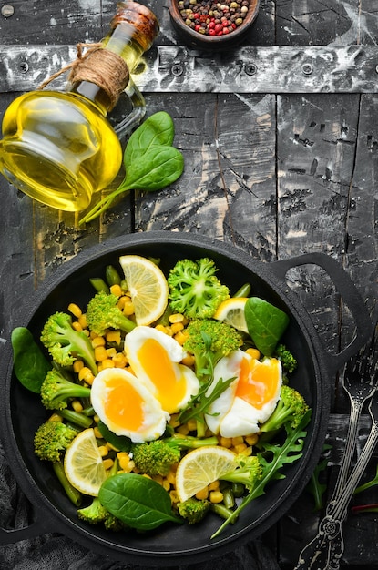 Żywność dietetyczna Gotowane warzywa i jajko na twardo na patelni Styl rustykalny Widok z góry Wolne miejsce na tekst