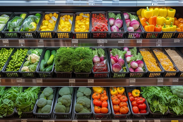 Żywność na półkach w sklepie kupowanie świeżych warzyw, owoców, artykułów spożywczych w supermarkecie zdrowy wegetariański styl życia
