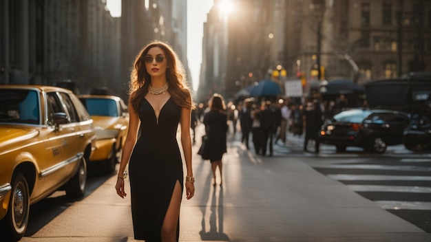Żywo dopasowana, wysoka młoda kobieta, chodząca w okularach przeciwsłonecznych, idealna fryzura w stylu Nowego Jorku