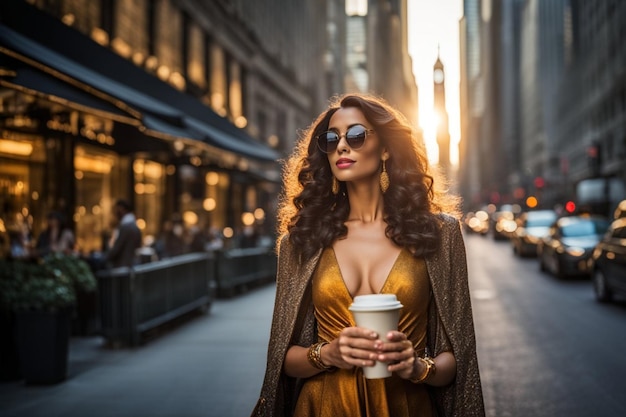 Żywo dopasowana, wysoka młoda kobieta, chodząca w okularach przeciwsłonecznych, trzymająca eleganckie cappuuccino w Nowym Jorku