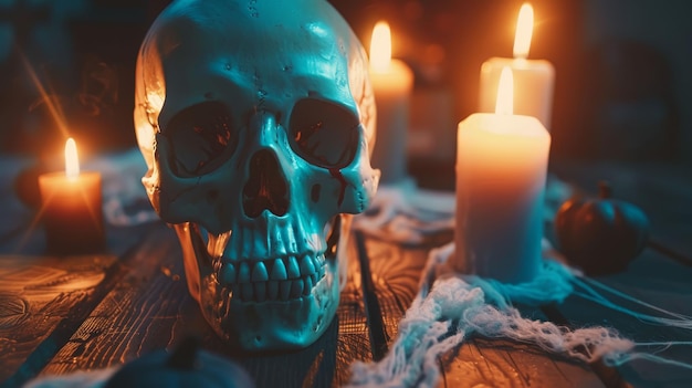 Żywo ozdobiona ludzka czaszka z płonącymi świecami na drewnianym stole w ciemnym pokoju podczas nocnej uroczystości Halloween