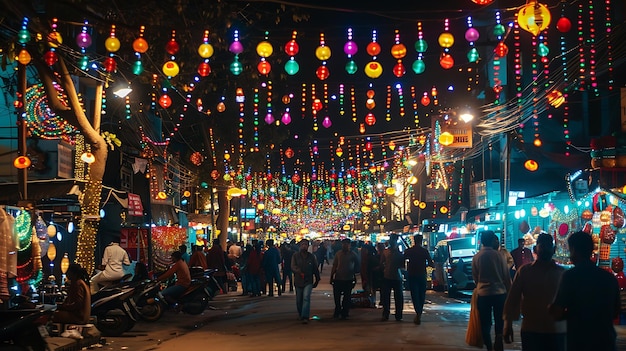 Żywotny nocny rynek z kolorowymi światłami i ludźmi chodzącymi po nim Rynek jest pełen stoisk sprzedających różne towary