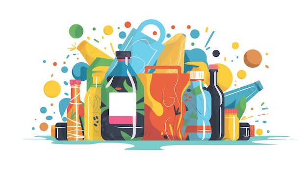 Żywy asortyment ilustrowanych produktów spożywczych z kolorowymi plamkami i dynamicznymi kształtami