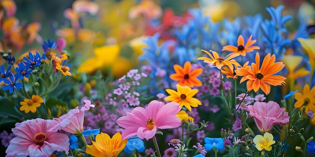 Żywy asortyment różnorodnych kwiatów na kolorowym tle naturalnym Koncepcja Kwiatowa ekstrawagancja Natura39s Paleta kolorów Kwitnące rozkosze Siła kwiatowa Kaleidoskop płatków