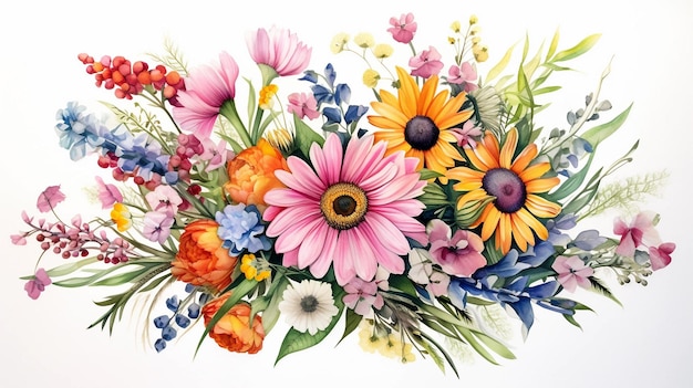 Żywy bukiet polnych kwiatów, każdy płatek to niepowtarzalny wybuch koloru i tekstury Akwarela