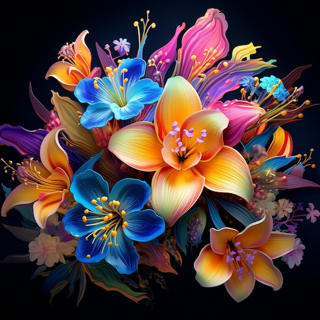 Zdjęcie Żywy bukiet różnorodnych kwiatów w radosnej i żywej ekspozycji