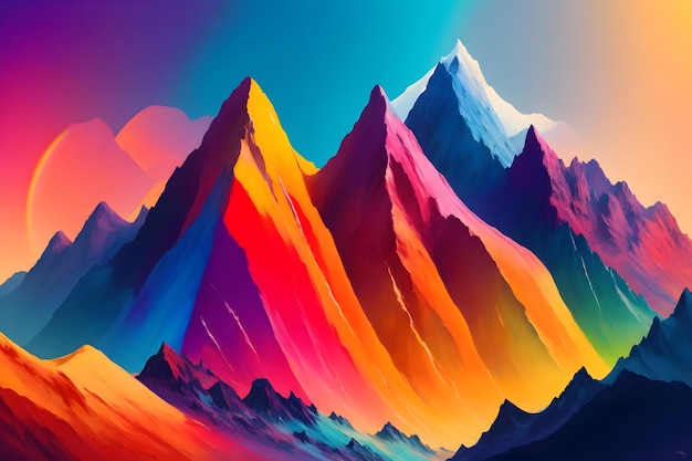 Żywy cyfrowy obraz łańcucha górskiego z tęczą kolorów generowaną przez Ai