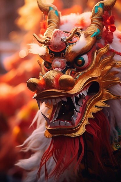 Zdjęcie Żywy czerwony i złoty kolor tradycyjnego tańca smoka w chiński nowy rok