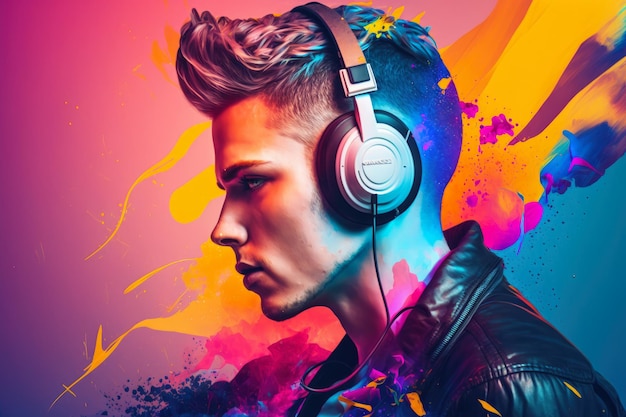 Żywy DJ z słuchawkami i muzyką na kolorowym tle