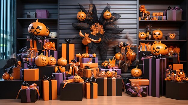 Żywy Halloween dekoracje i dyni wyświetlany w sklepie łatwo dostępny stock image z Gen...