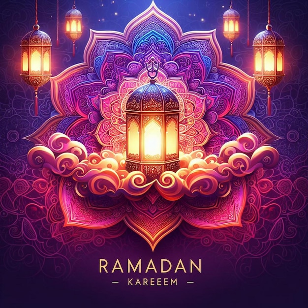 Żywy i kolorowy Ramadan Kareem kartka powitalna Piękne islamskie zdjęcia tła