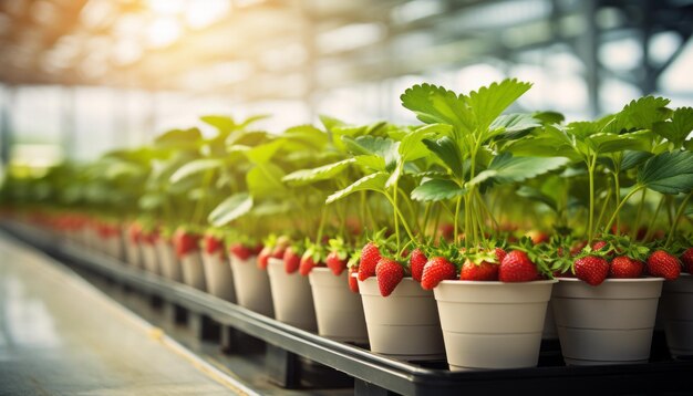 Żywy i kwitnący organiczny truskawkowy roślina kwitnąca w oświetlonej szklarni